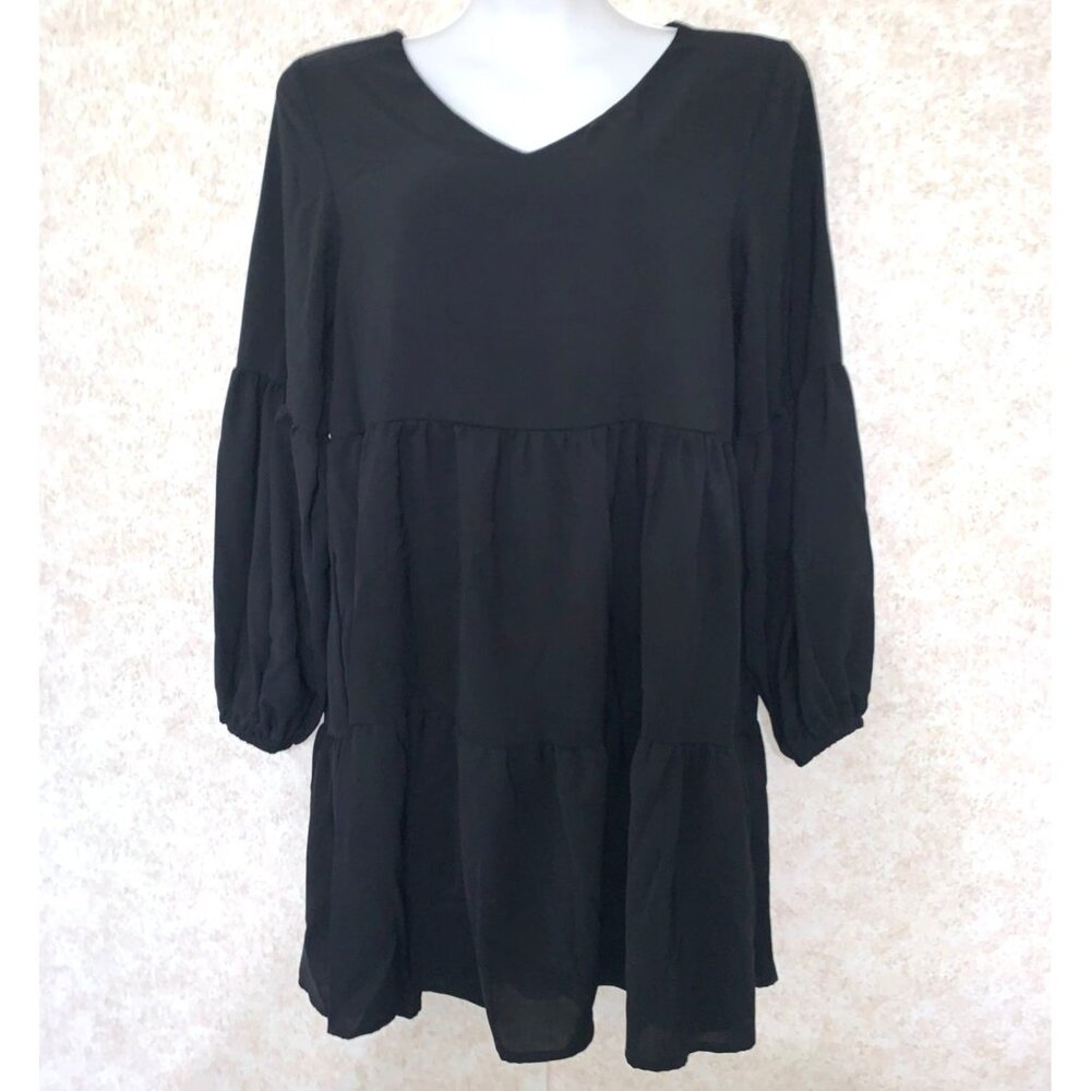 Black Long Sleeve Short Ruffled Dress Size Medium Ruffle, Modest